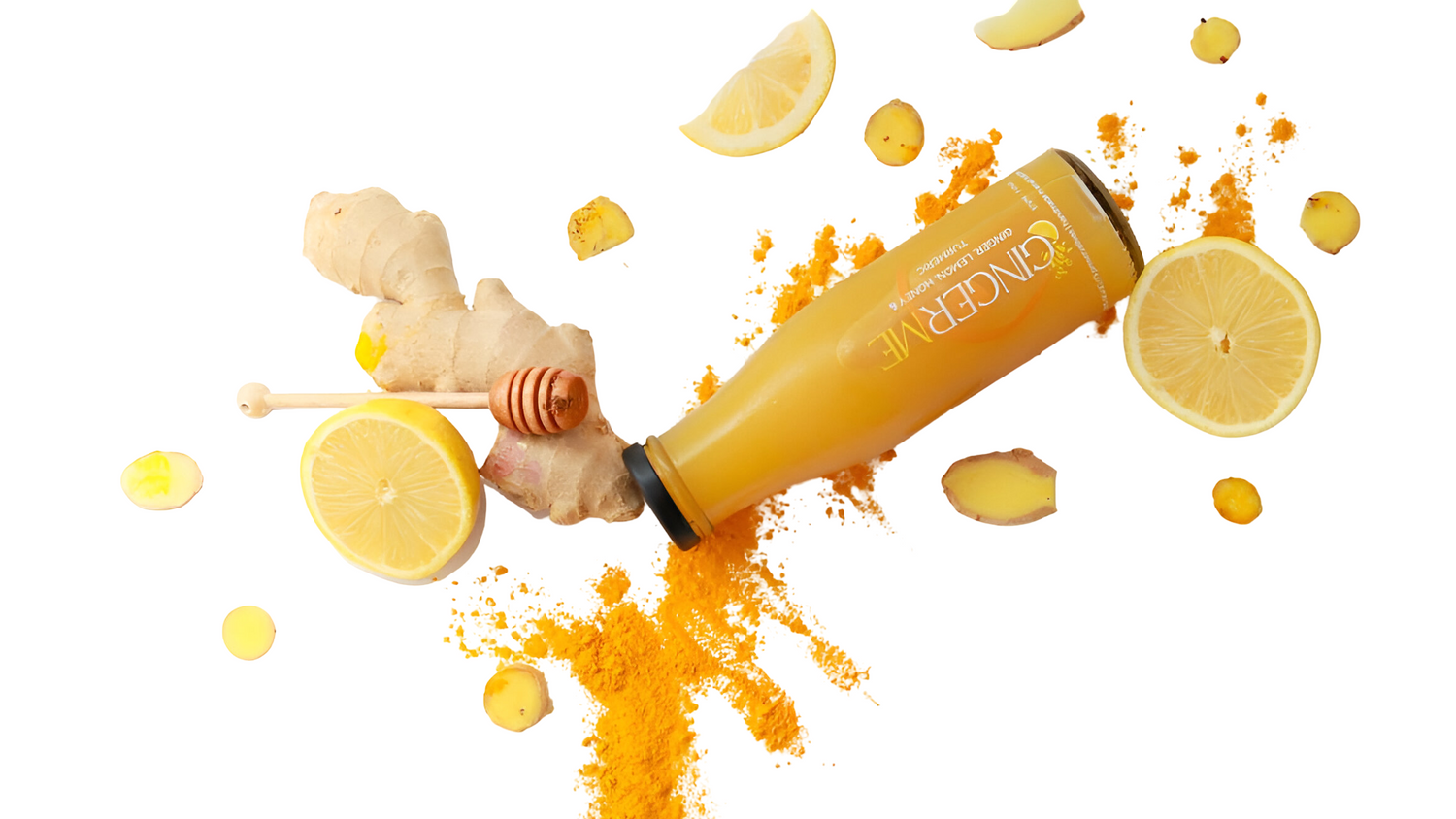 Bottle of Turmeric shots with lemons, ginger, honey and turmeric on a white background